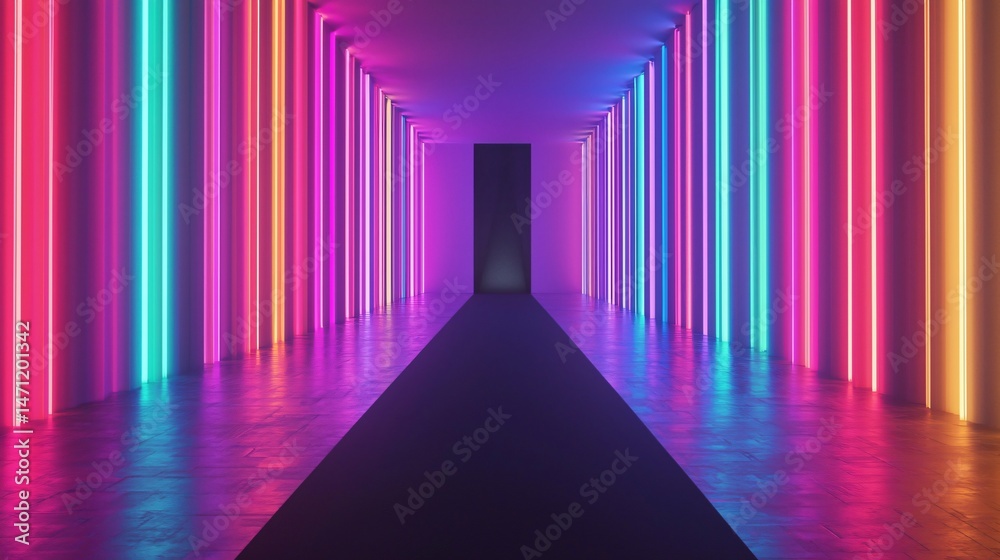 Canvas Prints vibrant neon lights runway colorful abstract corridor with dark path