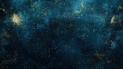 Abstract cosmic background with shimmering gold particles on deep teal backdrop.