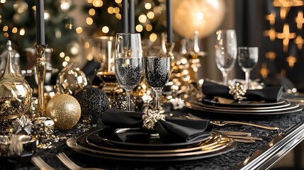 Table with a black tablecloth and gold decorations