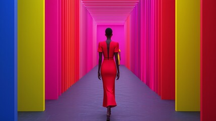 Fashion Model Walking Runway Vibrant Colorful Abstract Background Red Dress