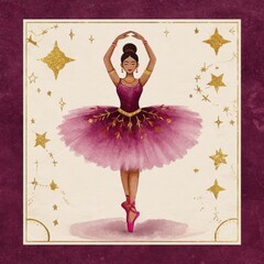 Ballet dancer in watercolor abstraction with gold accents and starry background capturing grace and elegance in motion