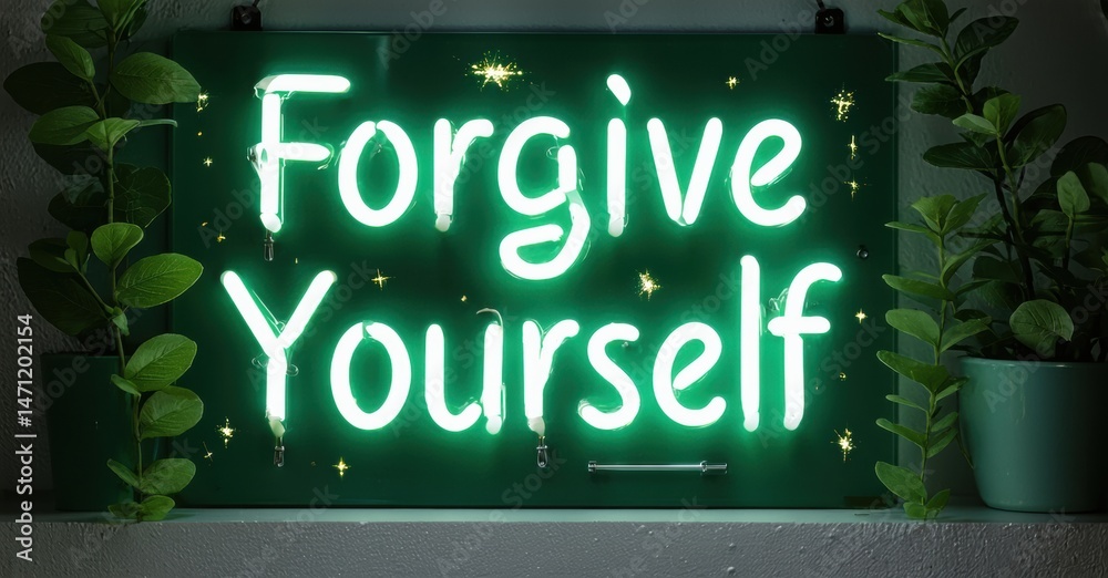 Poster bright neon sign displays positive message. lush greenery frames glowing text, creating calming atmo