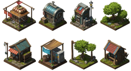 Whimsical isometric buildings populate a game world
