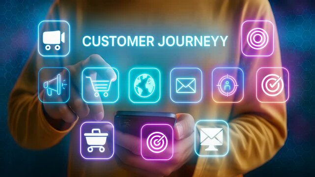 Person Using Smartphone with Glowing Icons Representing Customer Journey, Digital Marketing Flow, and Online Shopping Funnel


