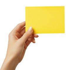 Hand holding a small yellow paper note, isolated on a transparent background