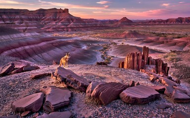 Coyote Standing Guard At Sunset Over Painted Desert Landscape In Arizona