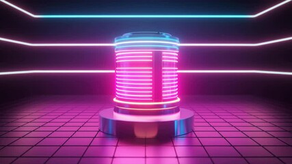 Futuristic neon cylinder in a vibrant glowing environment, combining technology with modern visuals.