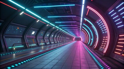 Fototapeta premium Futuristic Neon Lit Corridor Sci Fi Tunnel Cyberpunk Virtual Reality 80s Retro Bright Pink and Blue