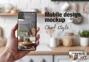 Hand holding a smartphone on kitchen interior background. Mobile phone mockup.