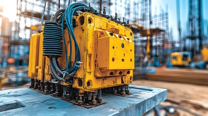 close up of large electrical transformer being installed on a concrete pad, wires being threaded through conduit, background showing a construction site with scaffolding