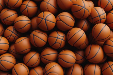 Obraz premium A dense collection of orange basketballs with blue lines stacked together in a large group