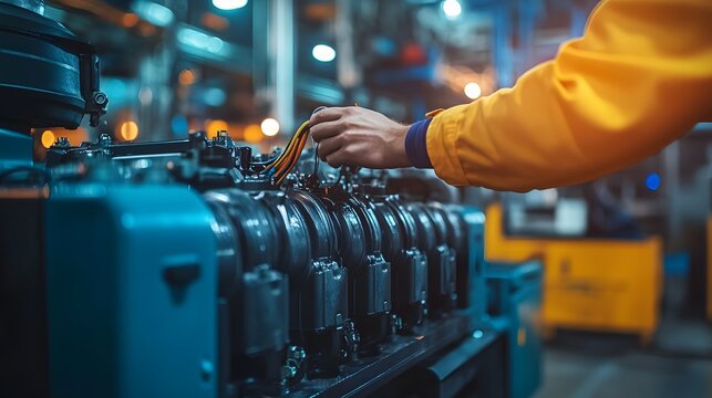 close up of a large generator being connected to its power supply, technician hands positioning wires into the terminal, industrial setting with dim light