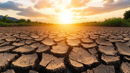 Fototapeta premium Arid cracked earth under intense sunlight and beautiful cloudy sky du sunset showing effect of drought and climate change crisis.