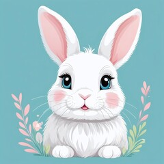 Fototapeta premium Vector portrait illustration of cute white bunny, little rabbit, hare. Cutie animal face portrait in pastel colors. Stickers, wall art, kids room decoration, easter decor, print, design. Card, poster 