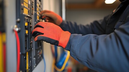 close up of an electrician hands aligning an electrical panel on the wall, detailed view of mounting screws and grounding wires, tools and circuit breakers in the background