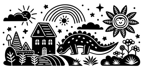 Whimsical black and white illustration of a happy dinosaur house and nature elements