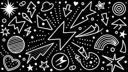 Fototapeta premium Whimsical black silhouette design with stylized shapes and decorative celestial elements on white