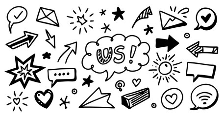 Whimsical hand drawn doodle elements featuring arrows stars hearts and speech bubbles
