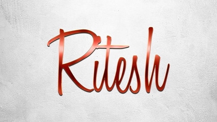 Red 3D text effect of Hindi name Ritesh on silver background.