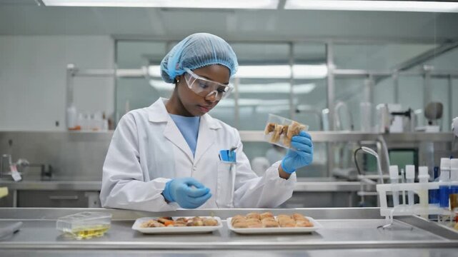 Scientist in laboratory inspecting food samples for quality control and analysis