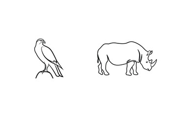 Line art illustration of an eagle perched and a rhinoceros on white background
