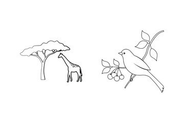 Vector illustration of a giraffe under tree with bird perched on cherry branch