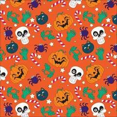 Halloween-themed seamless pattern in hand drawn style with spooky elements like pumpkins, ghosts, bats, and skulls on orange background. Perfect for packaging, invites, and party designs.