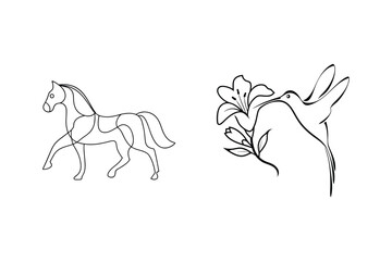 Elegant black line art illustrations of a horse and hummingbird with a flower on white background