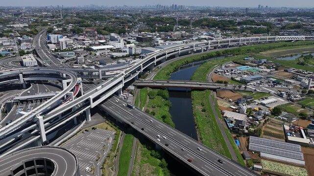 新横浜・空からの景観と交通〜港北ICから横浜国際総合競技場まで（空撮）- 神奈川県横浜市,日本
