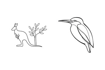 Australian wildlife illustration featuring a kangaroo a tree and a kookaburra bird