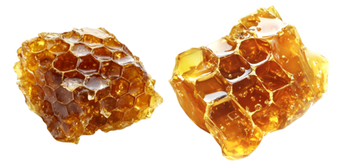 Set of golden honeycomb pieces isolated on white for natural sweetener and organic food concepts, isolated on transparent background

