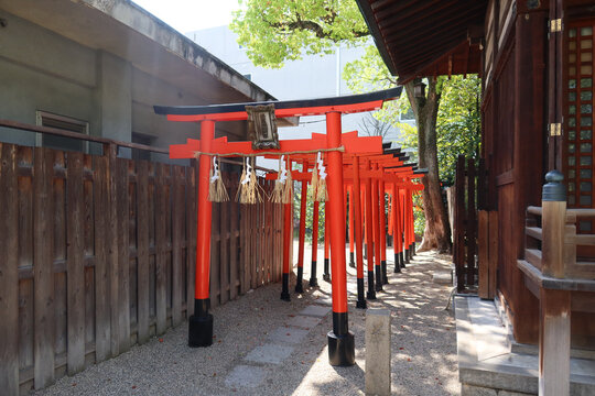 Osaka, Japan - April 13, 2024: Red torii gates mark the entrance to Horikoshi Shrine, a centuries-old Shinto shrine, where it is believed that wishes and prayers are granted. - Powered by Adobe
