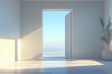 Empty room's open doorway revealing a tranquil ocean view.