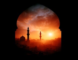 Majestic Sunset Silhouette of Mosques viewed through an Archway