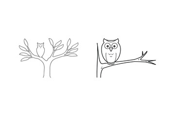 Simple black and white outlined owls perched on tree branches vector illustration