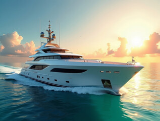 A luxurious yacht sailing across crystal-clear waters under a golden sunset