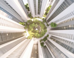 urban landscape with skyscrapers and a green park, view from perpendicular top down