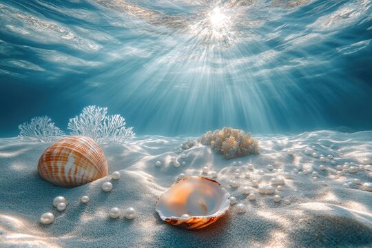 Underwater scene, shells, pearls