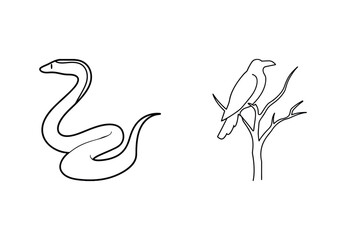 Minimalist illustration of a snake and a raven perched on a branch against white background