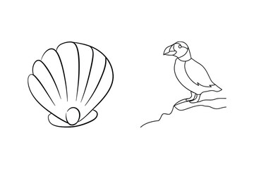 Simple black and white outline illustration of a seashell and a puffing bird
