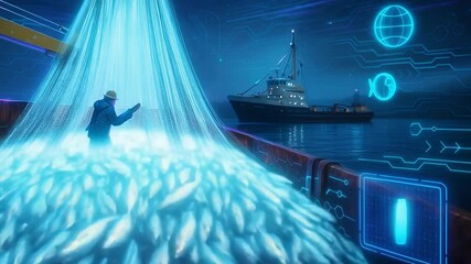 Man Standing on Boat with Huge Pile of Fish and Digital Interface Representing Smart Marine Catch and Global Sea Harvest

 - Powered by Adobe