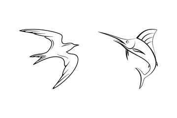 Elegant black and white illustrations of a bird and a swordfish on a white background