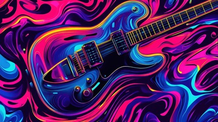 Electric guitar on abstract background with colorful swirls. Musical instrument illustration with vibrant neon colors, perfect for music themed designs and creative projects.