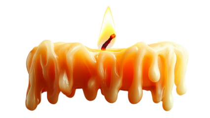 Png of A vibrant orange candle with melting wax, radiating warmth and light against a dark background.