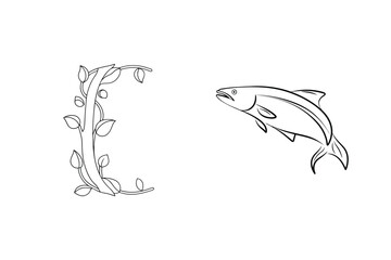 Elegant black and white illustration depicting a salmon and floral vine elements