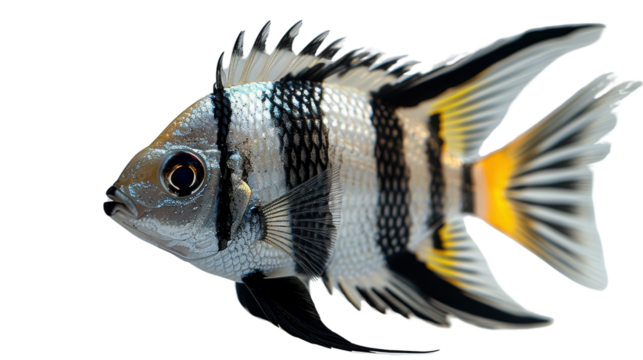Silver fish with black stripes isolated on white.png