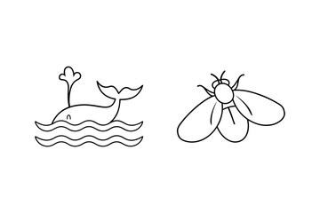 Simple illustration of a whale with water and fly graphic outline design on white background