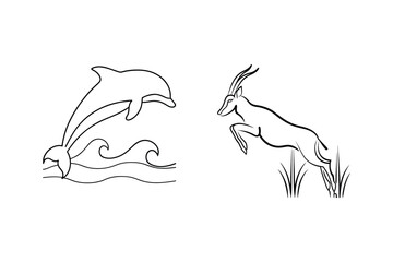 Simple black and white line art depicting a dolphin and gazelle jumping