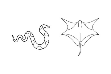 Simple black and white line art snake and stingray illustrations on white background