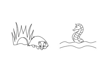 Simple black and white illustration of badger and seahorse in the water and on land